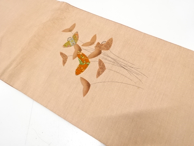 JAPANESE KIMONO / ANTIQUE FUKURO OBI / SILK / TSUMUGI / APPLIQUE / FLOWERS